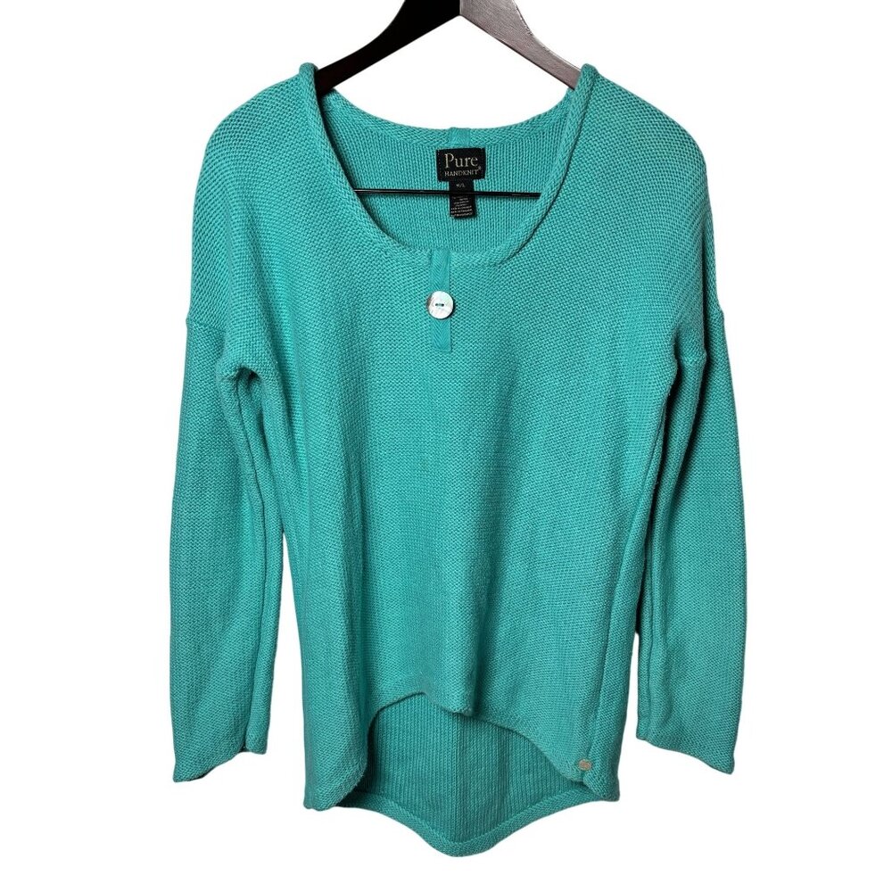 Pure Handknit 100% Cotton Sweater M/L Teal Turquoise Button Neck High Low Hem
